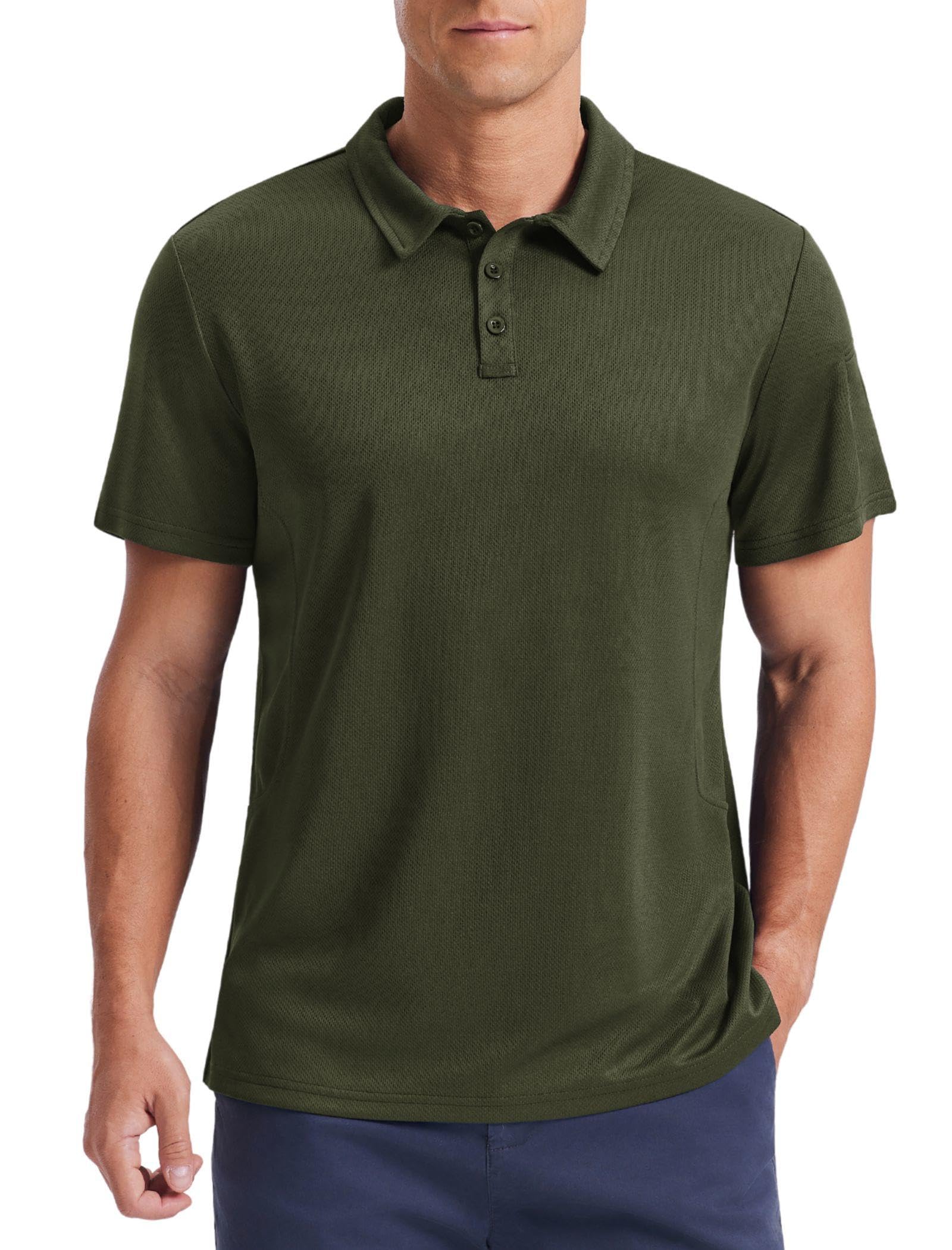 PINSPARK Men's Polo Shirts 3 Button Quick Dry Performance Collared Casual Shirt Short Sleeve Golf Polos for Men Army Green