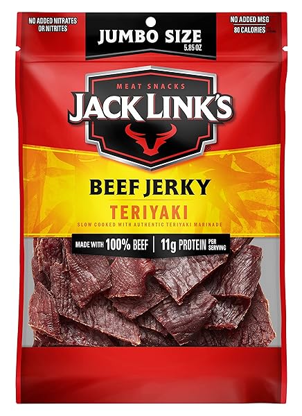 JACK LINK’S BEEF JERKY, TERIYAKI, 5.85 OZ. SHARING SIZE BAG – FLAVORFUL MEAT SNACK, 10G OF PROTEIN AND 80 CALORIES, MADE WITH PREMIUM BEEF – 95 PERCENT FAT FREE, NO ADDED MSG** OR NITRATES/NITRITES