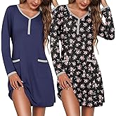 Marvmys Women's 2 Pack Nightgown Long Sleeve Henley Sleepshirt Soft Short Pajama Dress with Pockets