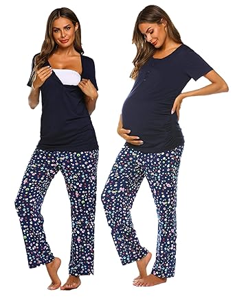 MAXMODA Damen Stillschlafanzug Kurze Ärmel Stilltops mit Stillfunktion Knöpfe Stillpyjama Hose mit floralem Muster