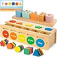 JUSTWOOD Color and Shape Sorting Matching Box, Wooden Stacking Toy with Geometric Shape Puzzles, Montessori Toy for 2 Year Old Boys and Girls