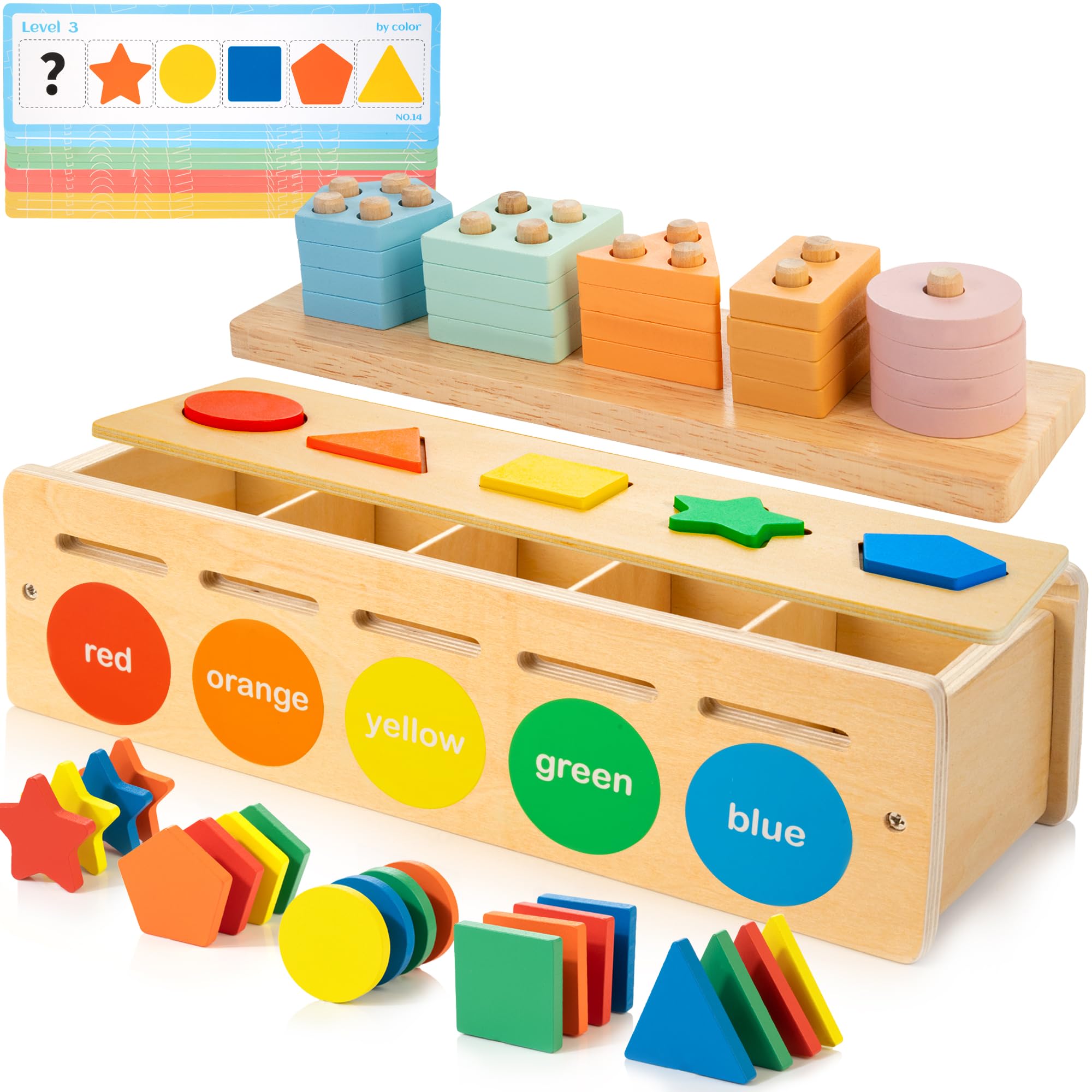 JUSTWOOD 2 in 1 Montessori Toys for 1 2 3 Years Old,Color & Shape Sorting Matching Toy for 1 Year Old Boys and Girls Wooden Sorting and Stacking Toys for Toddlers 1-3,Educational Toys for 2+ Year Old
