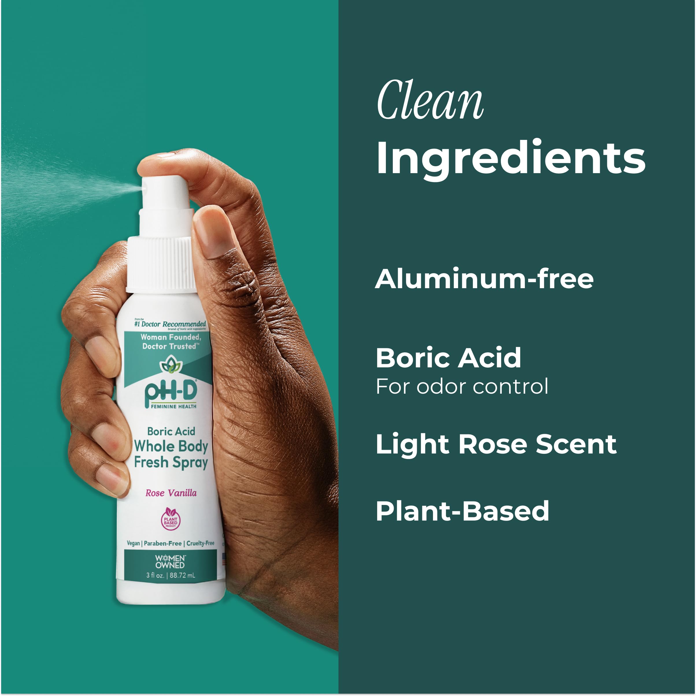 pH-D Feminine Health Support - Boric Acid Body Fresh Spray - Vegan, Paraben-Free, Plant Based - Rose Vanilla Scented - 3oz