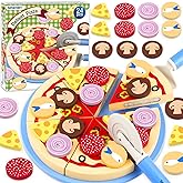 Wooden Pizza Play Food Set - 24 Pcs Cutting Toys, Pretend Play Kitchen Accessories for 3-5 Year Old Toddlers Boys & Girls