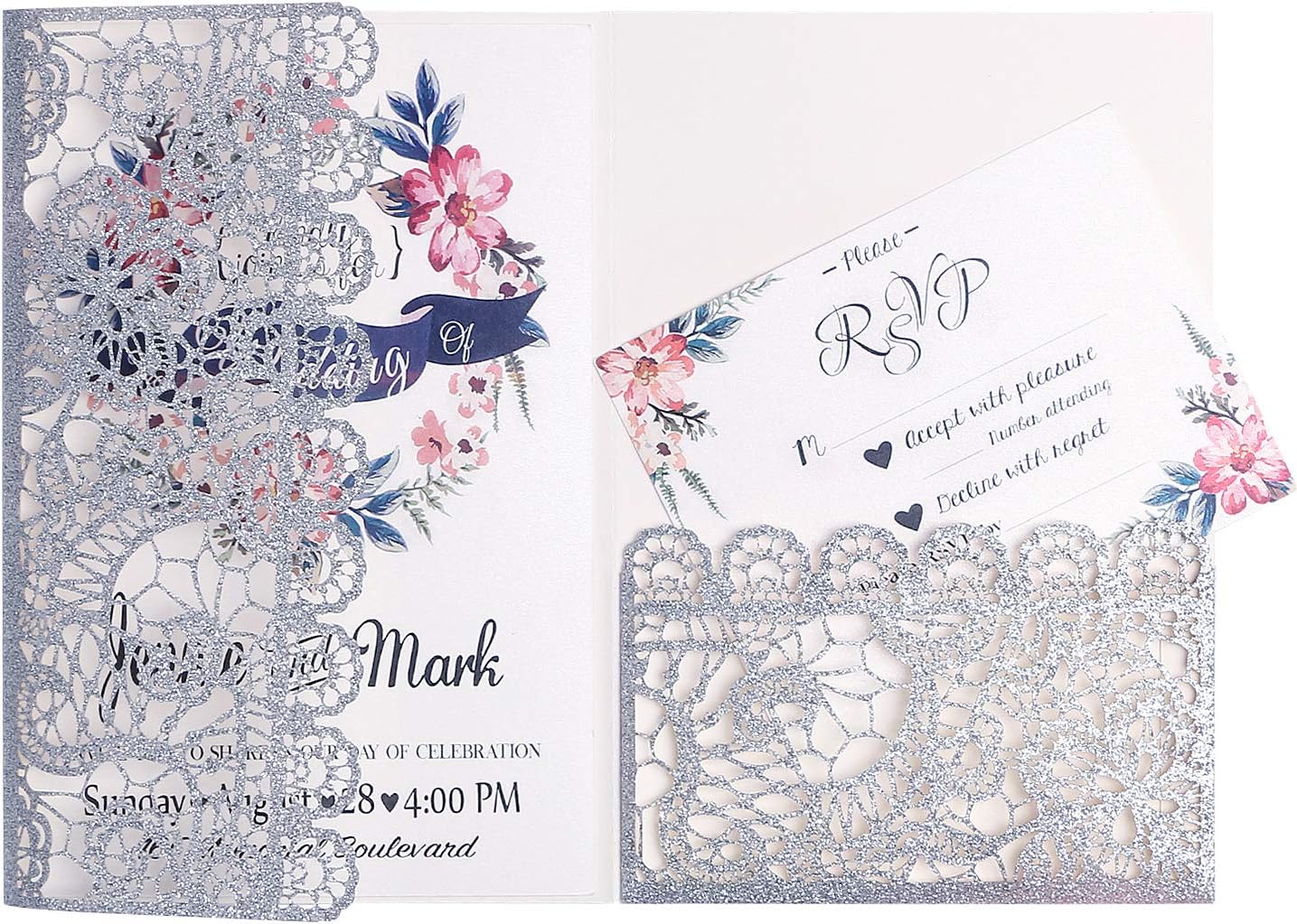 FEIYI 20pcs 3 Folds Laser Cut Lace Flower Pattern Invitations Cards for Birthday Baby Shower Wedding Rehearsal Dinner Invites Birthday Invites (Silver Glitter)