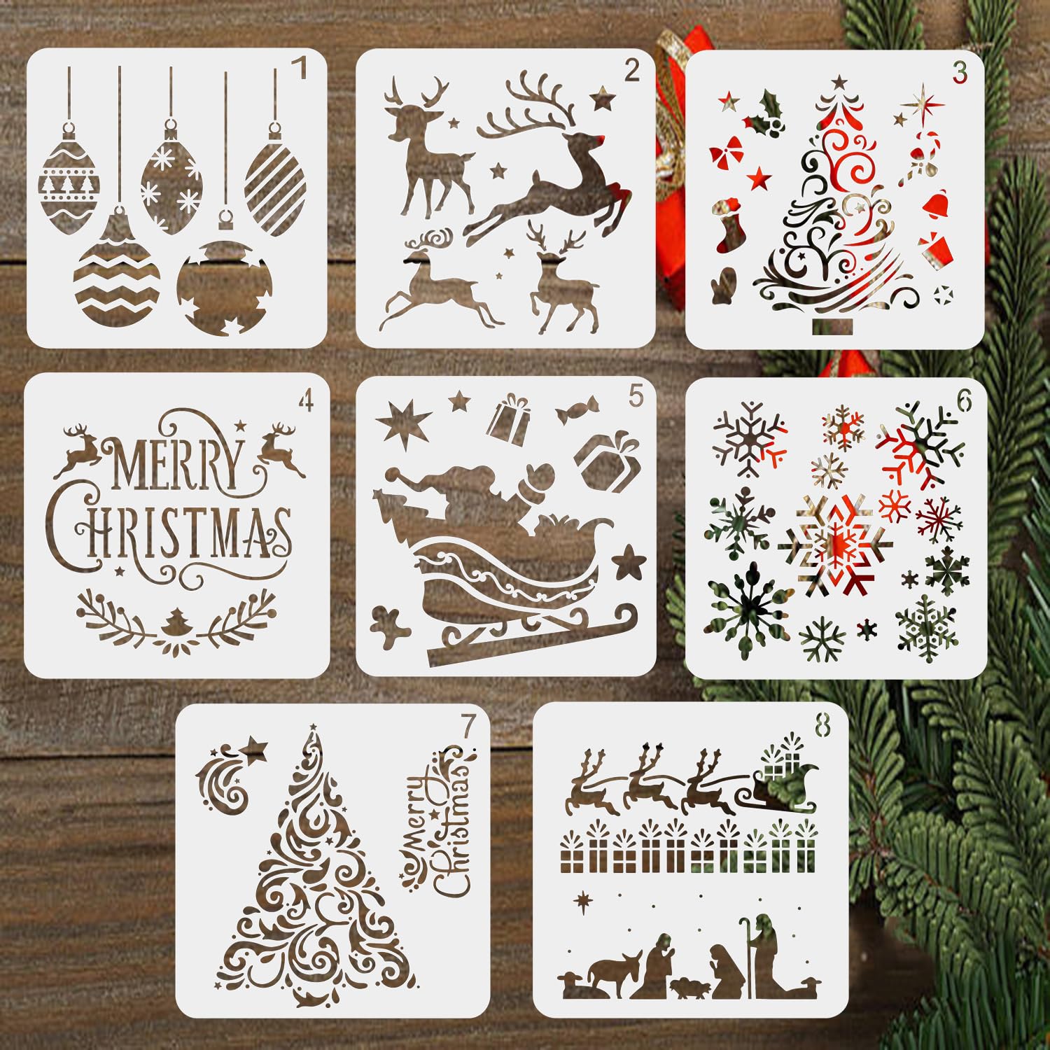 LYPER 8PCs Christmas Stencils - Xmas Scale Template Set, Reusable Plastic Craft Snowflake DIY Decorations For Window, Glass, Wood, Cards, Home Decor