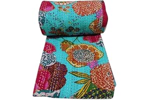 Sophia-Art Twin/King Indian Fruit Reversible Bedspread Pattern Gudri Pure Cotton Kantha Style Quilt Floral Fruit Print Decorative Kantha Stitch Quilt (Turqoise, King 90 * 108 Inches)