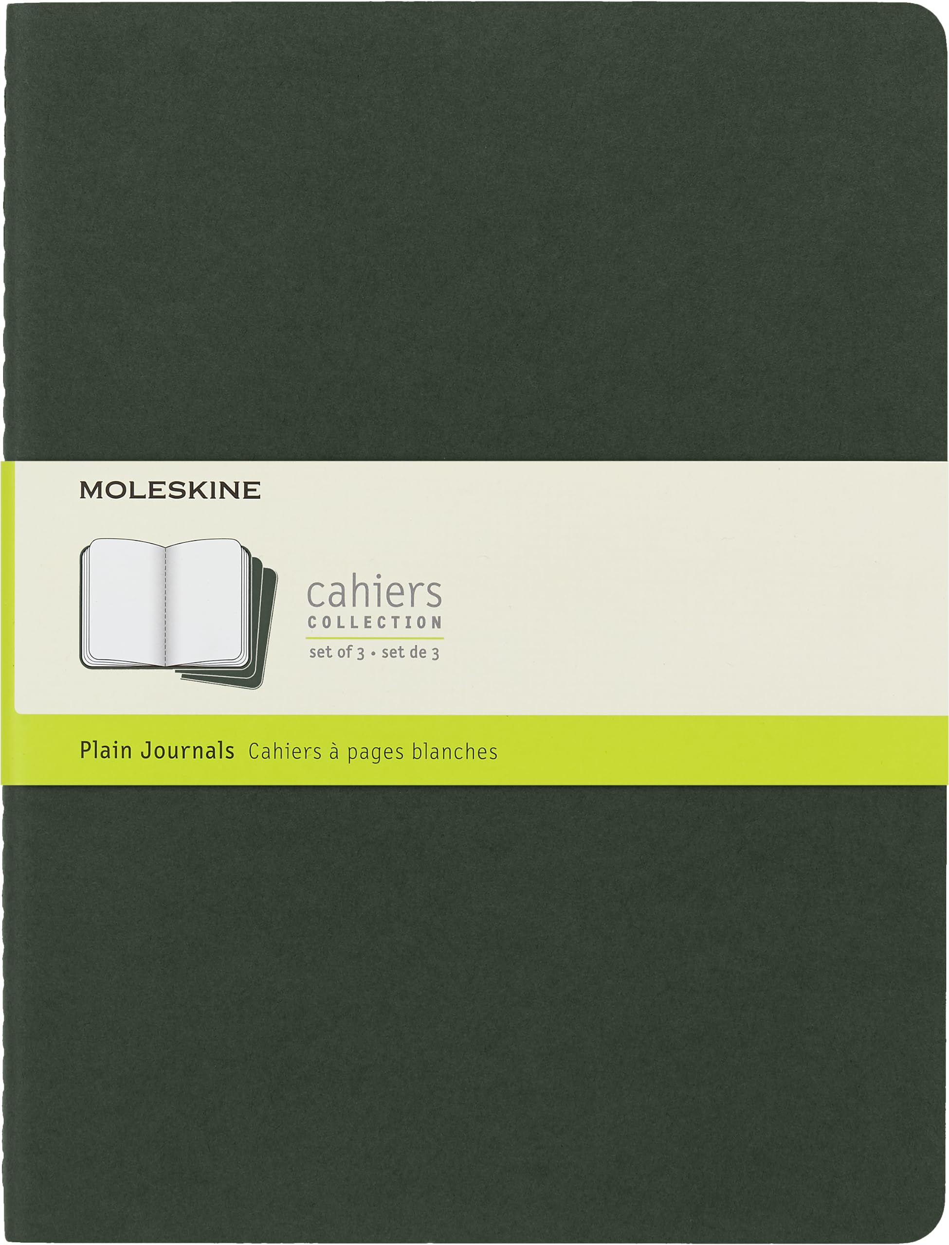 Moleskine Cahier Journal, Set 3 Notebooks with Plain Pages, Cardboard Cover with Visible Cotton Stiching, Colour Myrtle Green, Extra Large 19 x 25 cm, 120 Pages
