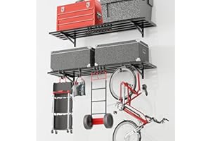 Fiaygro 2-Pack Garage Wall Shelving with Hooks, Heavy Duty Wall Mount Storage Shelf 500 lbs Load Capacity Suitable for Garage Storage, Shed, Shop (1' x 4')