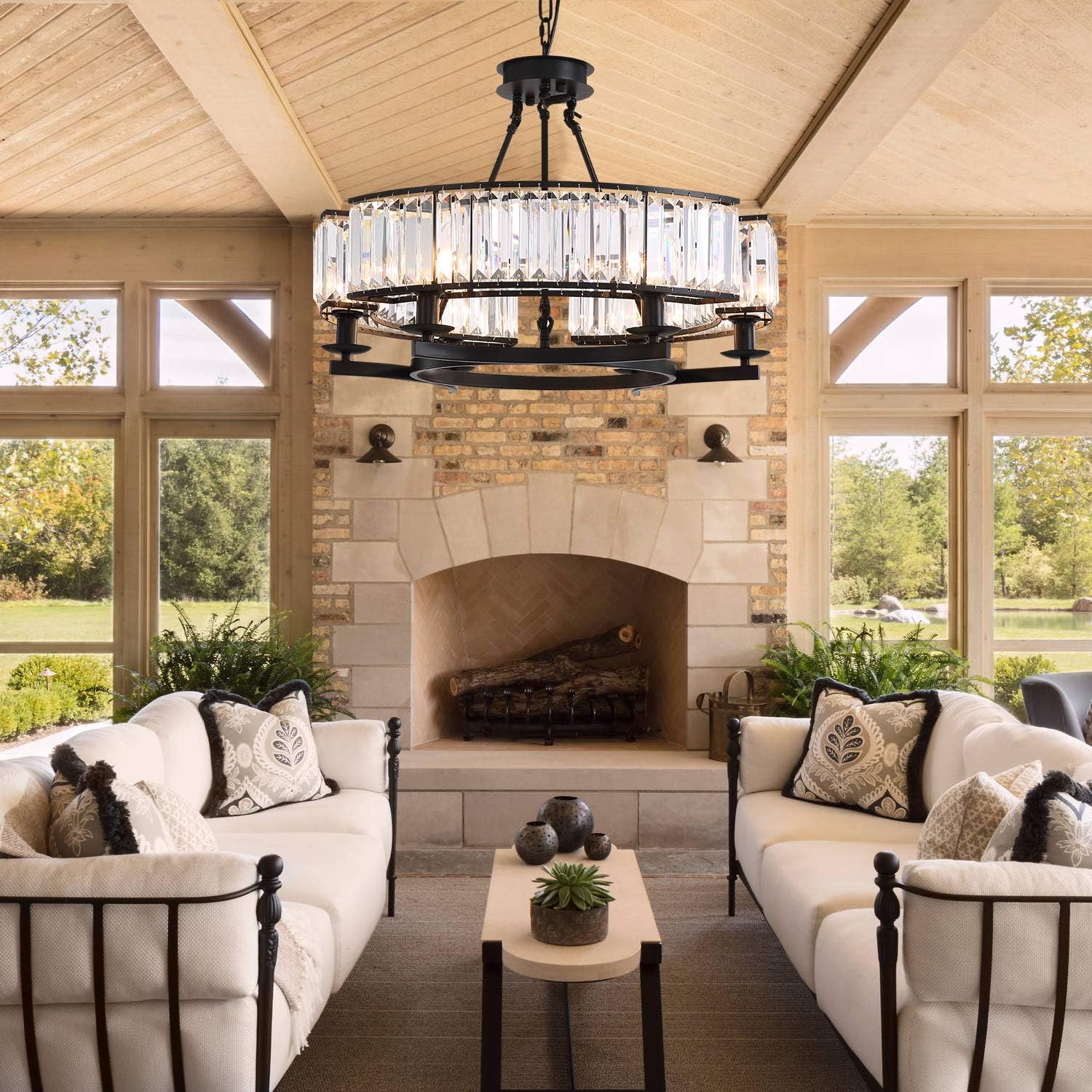 NOXARTE Luxury Round Crystal Chandelier Vintage Hanging Ceiling Light Pendant LED Dimmable Fixture for Dining Room Bedroom Black: Home Improvement