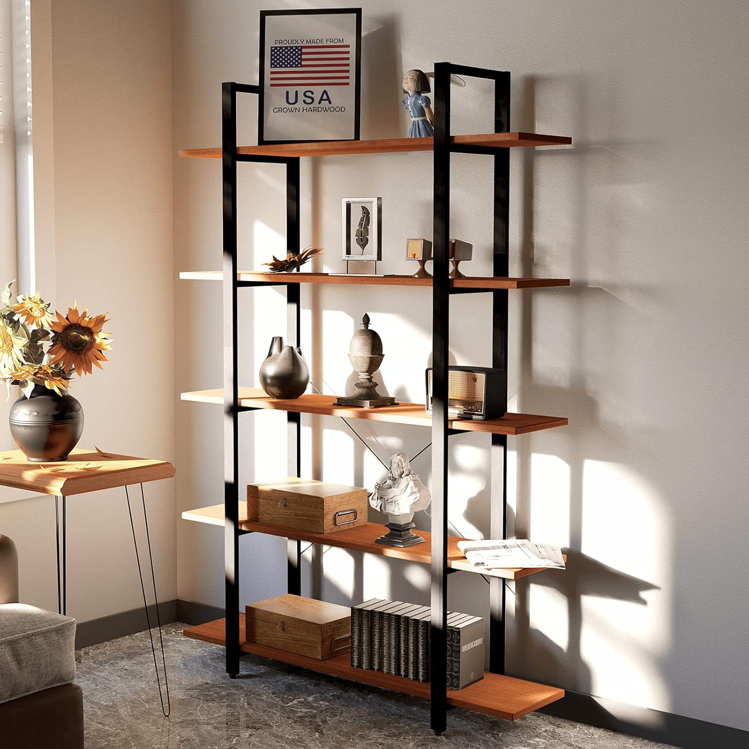 CONSDAN Solid Wood Bookshelf, Storage Shelves, Home Office Furniture, Open Bookshelf 4 Tier Or 5 Tier Bookcase(5 Tier)