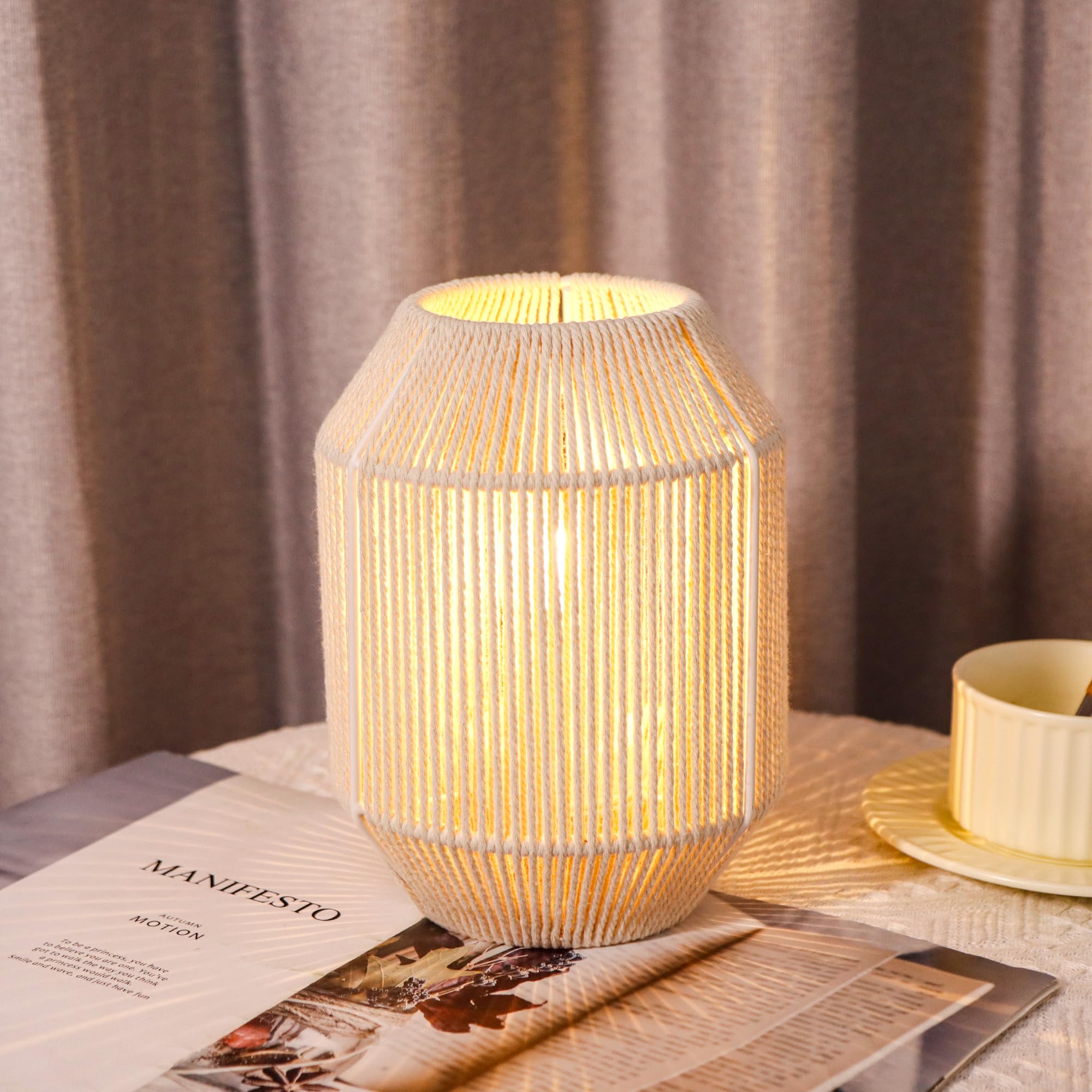 Photo 1 of JHY DESIGN Woven Lampshade Table Lamp 8.5" H Cotton Rope Bedside Lamp Cordless Small Battery Operated Lamp Decorative Bedside Lamp with 6 Hours Timer for Bedroom Living Room Weddings Parties Patio