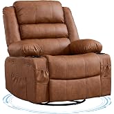 Rocker Recliner Chair with 360&deg; Swivel PU Leather Fabric for Adults | Widened Seat Width Manual Single Sofa Reading Glider with Cup Holder Storage Pockets for Office Living Room Study Bedroom