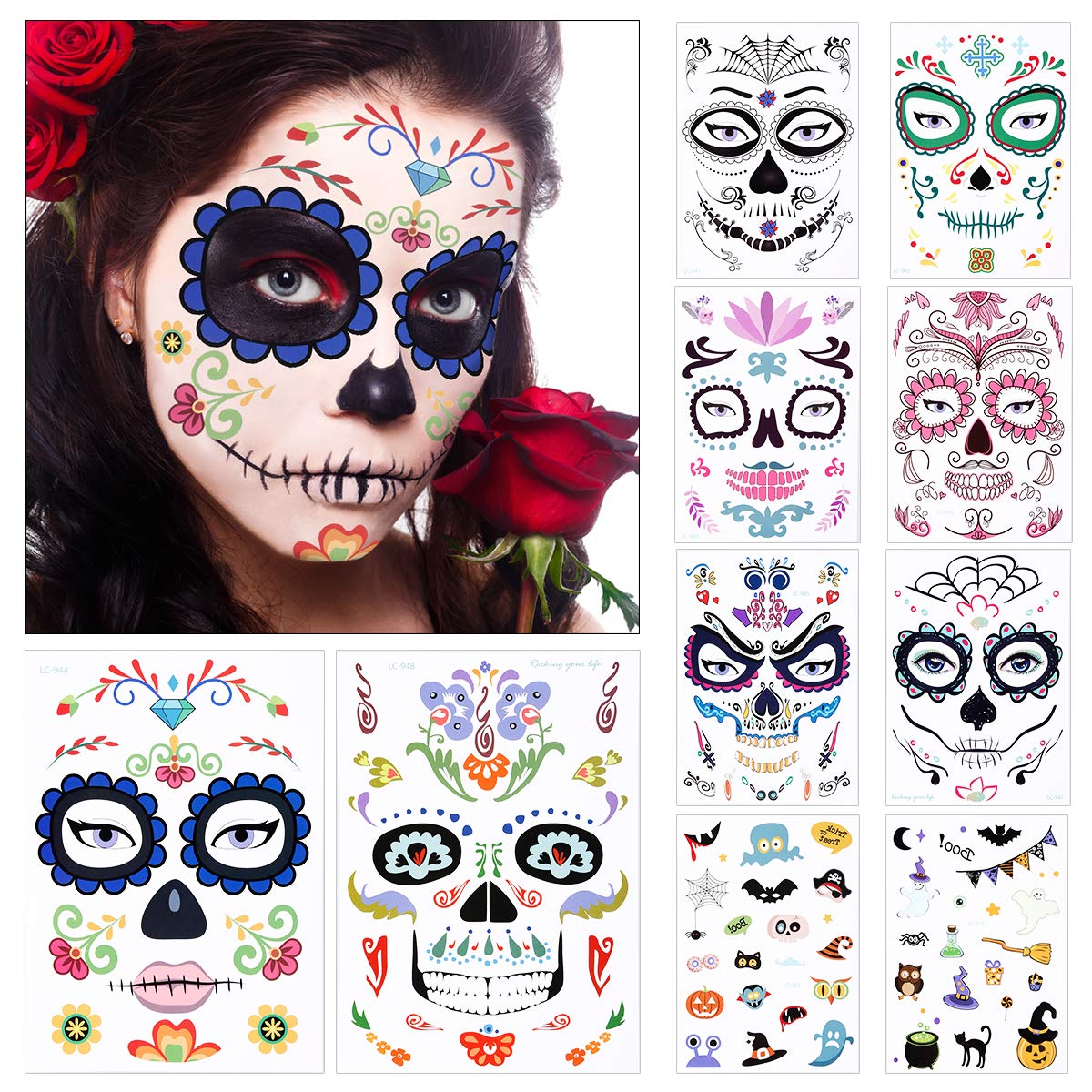 10 Sheets Halloween Face Temporary Tattoos, Day of the Dead Sugar Skull Skeleton Face Tattoos for Women Men Adult Kids