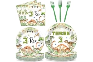 OITNLAUGHTER 96PCS Dinosaur 3rd Birthday Party Paper Plates and Napkins and Forks Set Watercolor Dino Rex Tableware Set Three Rex Theme Dinnerware Paper Plates for Kids Birthday Gatherings Decorations