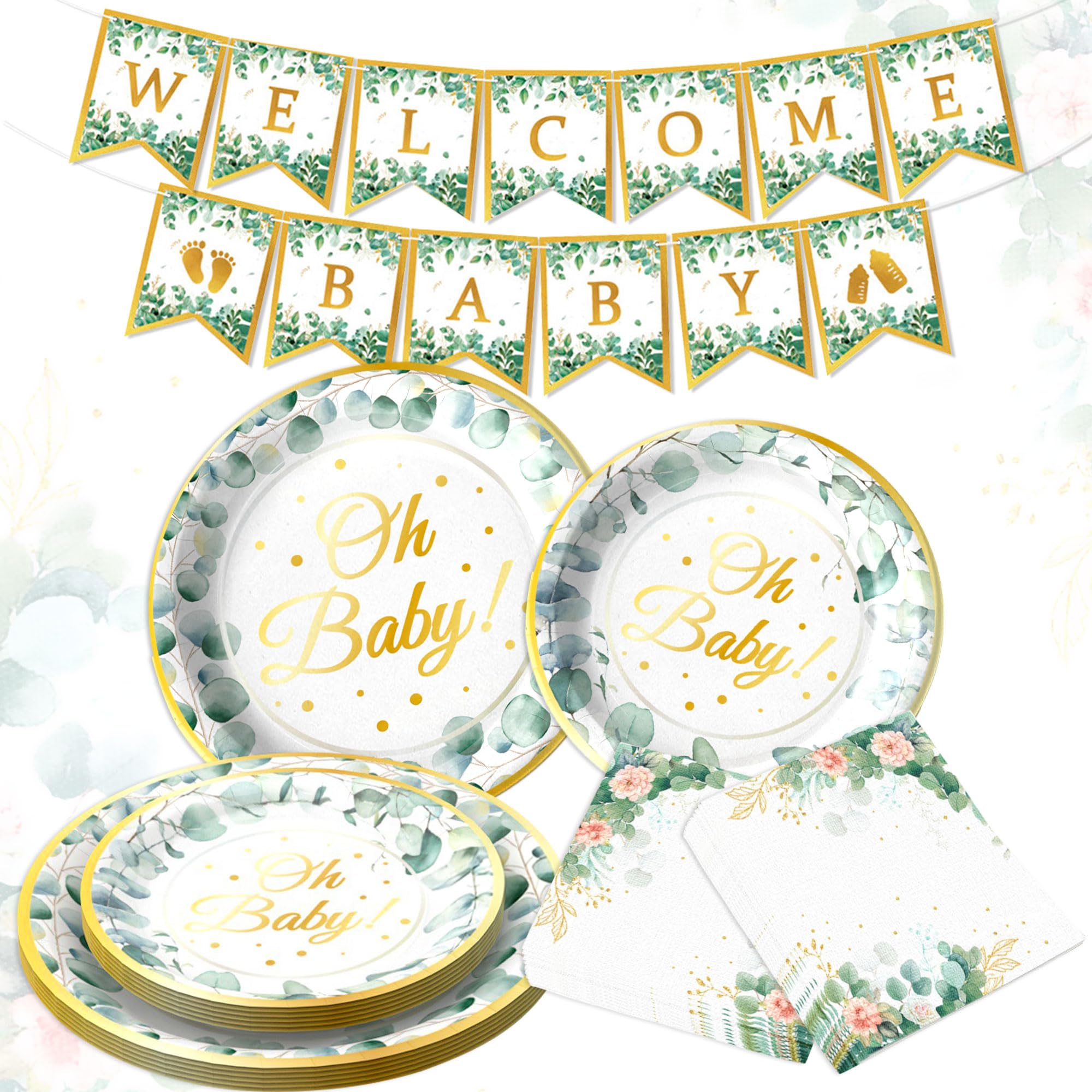 Sage Green Baby Shower Party Plates Napkins Decorations Gender Reveal Baby Shower Welcome Baby Banner Garland Neutral Gender Reveal Birthday Party Supplies 20 Guest