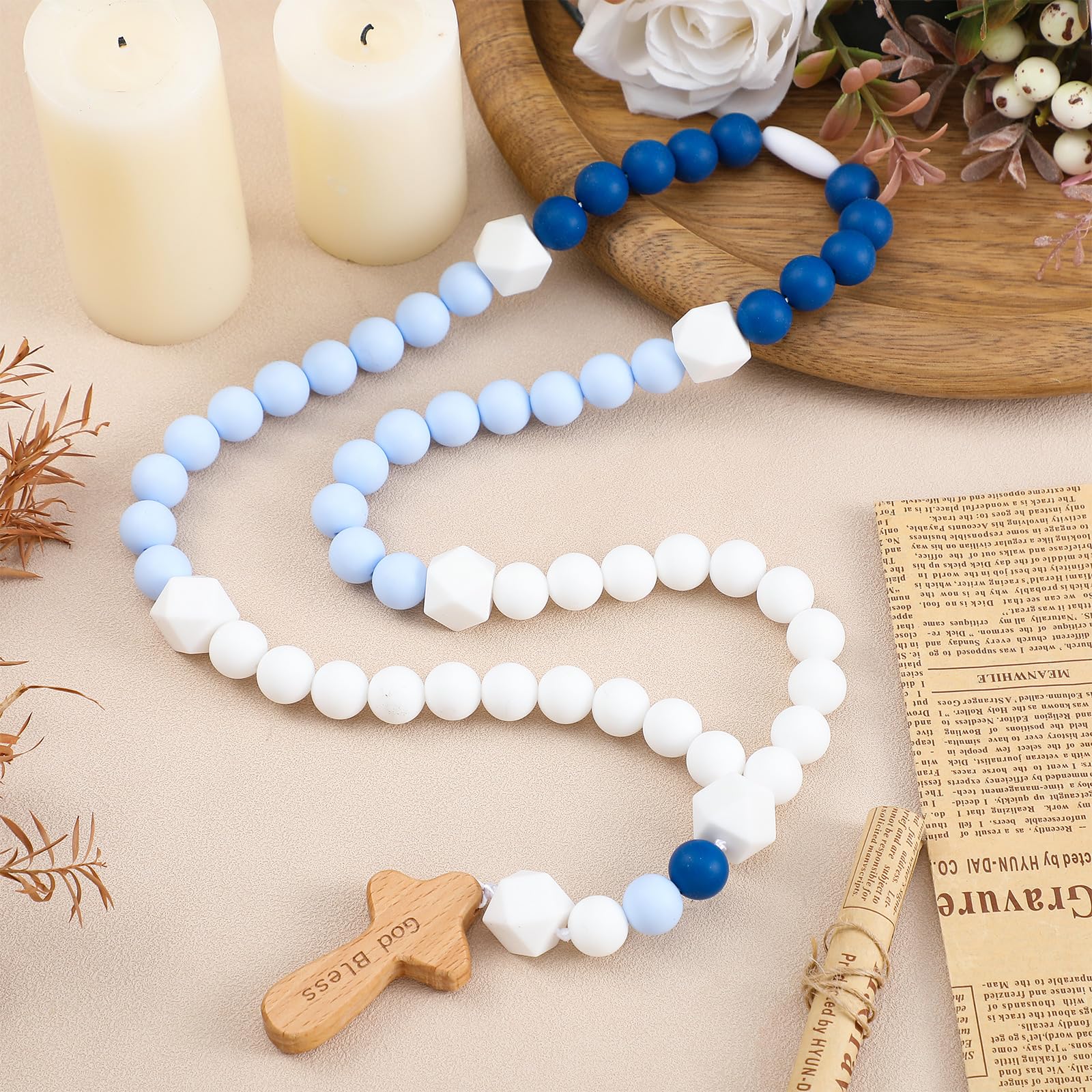 Photo 1 of Misdary Blue Cross Baptism Silicone Rosary God Bless Kids First Rosary Boys 1st Year Baptism Party Supply for Baby Shower Christian Communion Gifts