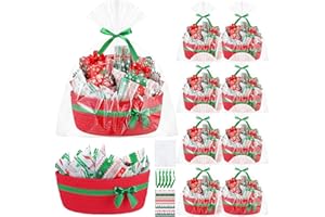 FoldTier 8 Pack Small Christmas Woven Basket with Gift Bags Ribbons and Wrapping Paper 12"x 8"x 5" Storage Basket with Handles Empty for Baby Shower Birthday Pet Toy Organizer Nursery Bins(Red)