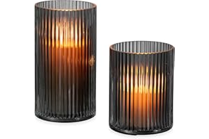 Glasseam Hurricane Glass Candle Holders: 2 Pcs Ribbed Cylinder Vases for Centerpieces Grey Pillar Candle Holder for Floating Candles Modern Home Decor Wedding Table 4.72''+6.63'' Height