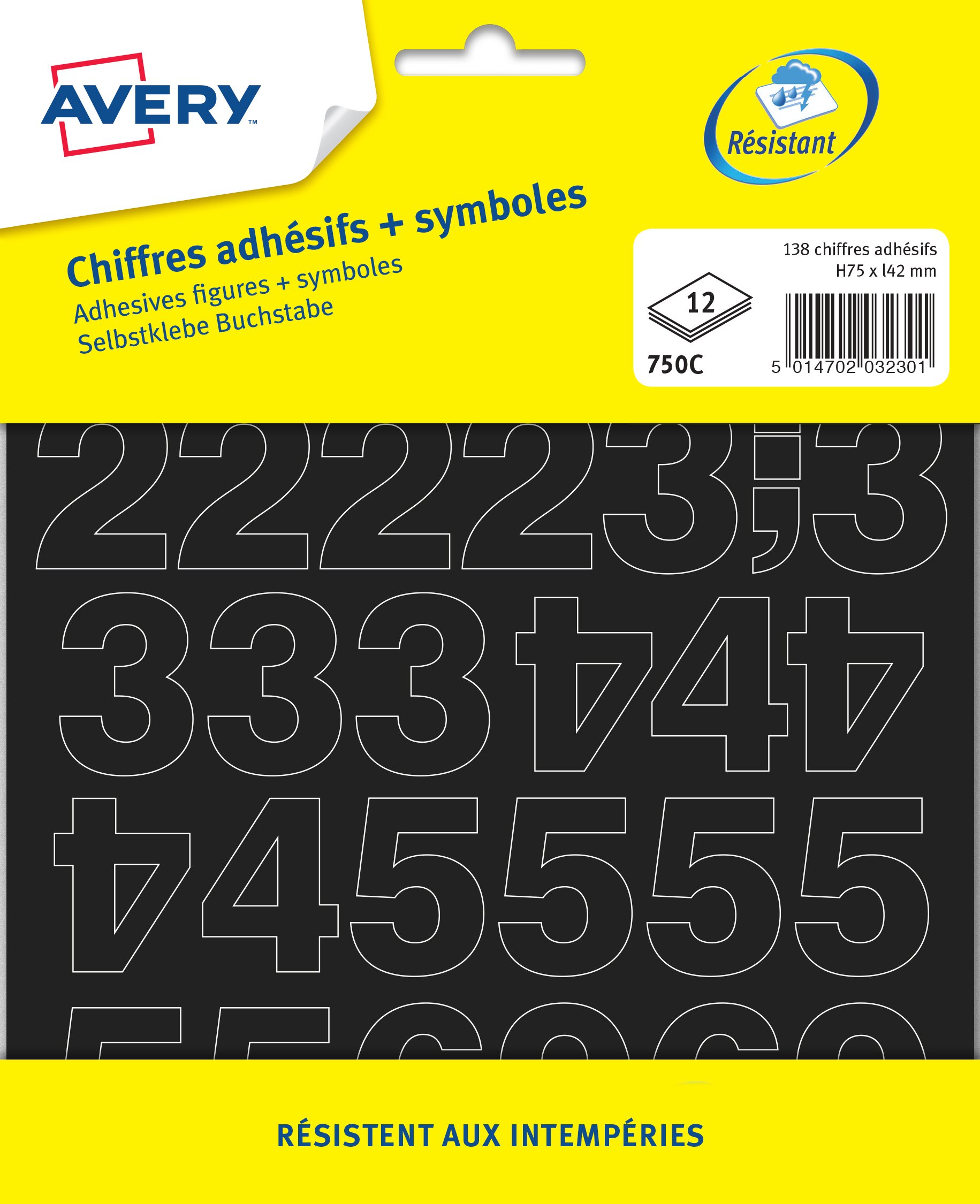 Avery Pack of 138 Self-Adhesive Numbers 75 mm Black (750C)