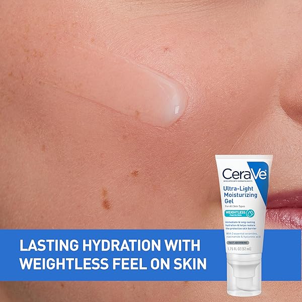 CERAVE ULTRA-LIGHT MOISTURIZING GEL, HYDRATING GEL FACE MOISTURIZER FOR MEN & FOR WOMEN WITH CERAMIDES, NIACINAMIDE, HYALURONIC ACID, FRAGRANCE FREE, OIL-FREE, MATTIFYING MOISTURIZER, 1.75 FL OZ