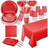 TWOWYHI 229PCS Red Party Supplies Set Paper Disposable Plates Cups Plastic Spoons Forks Knives Red Napkins for 30 Guests Disposable Party Dinnerware Sets for Wedding Birthday Parties