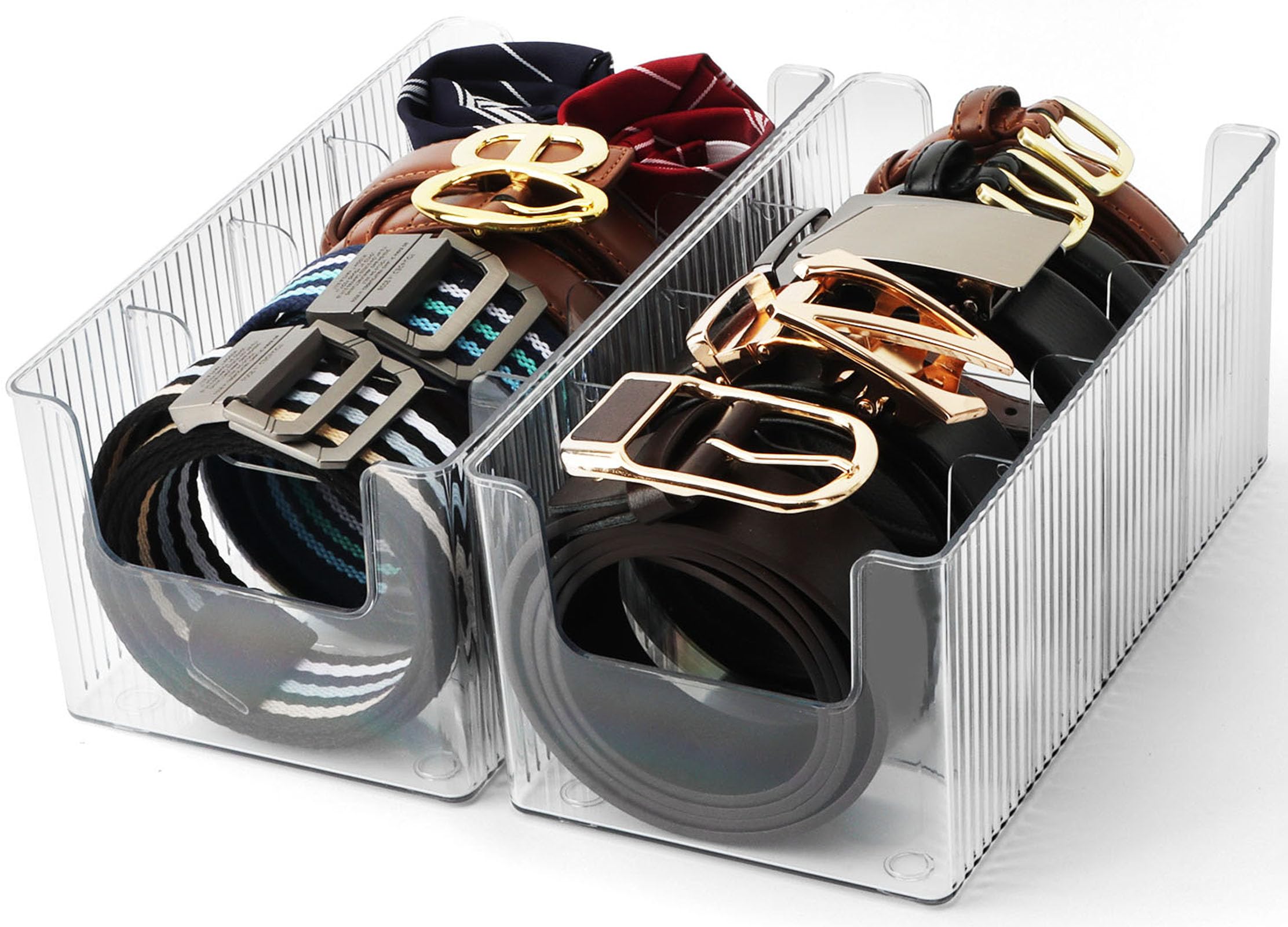 Photo 1 of AUOIKK Acrylic Belt Organizer - 2 Pack with Adjustable 4 Compartments & Stackable Design, Clear Storage for Closet and Drawer Organization