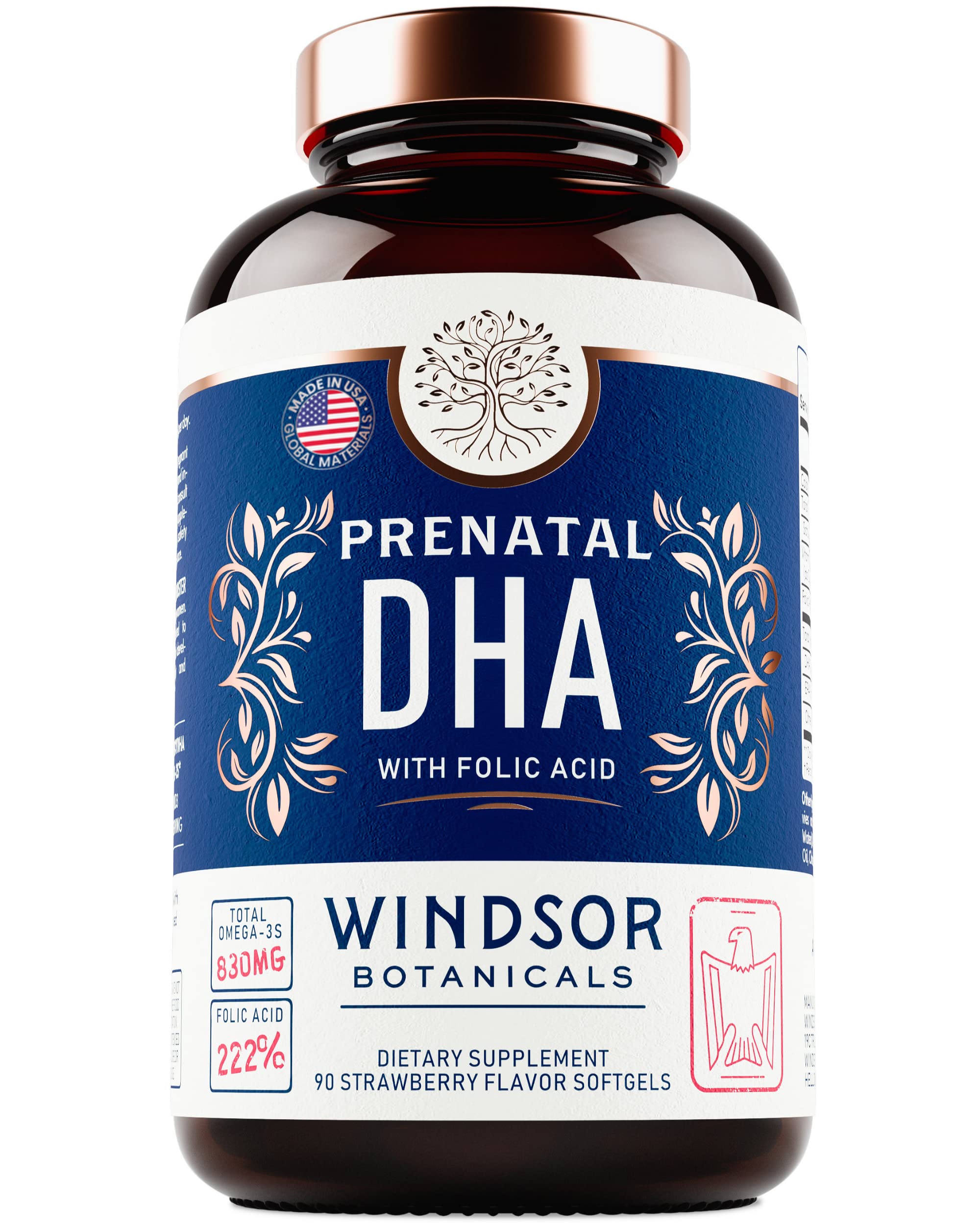 Prenatal DHA and Folic Acid - 830mg Omega-3 (DHA + EPA Fish Oil), 800mcg Folic Acid - High-Potency Prenatal Vitamins for Women - Supports Fetal Development & Baby’s Brain - 90 Strawberry Softgels