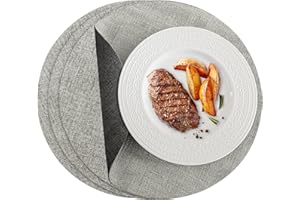 Romanstile Round Placemats Set of 4, Reversible Faux Leather Table Place Mats 100% Waterproof Oil-Proof Non-Slip Wipeable Double-Sided Vinyl Table Mats for Kitchen/Dining/Party, Grey－Light Grey