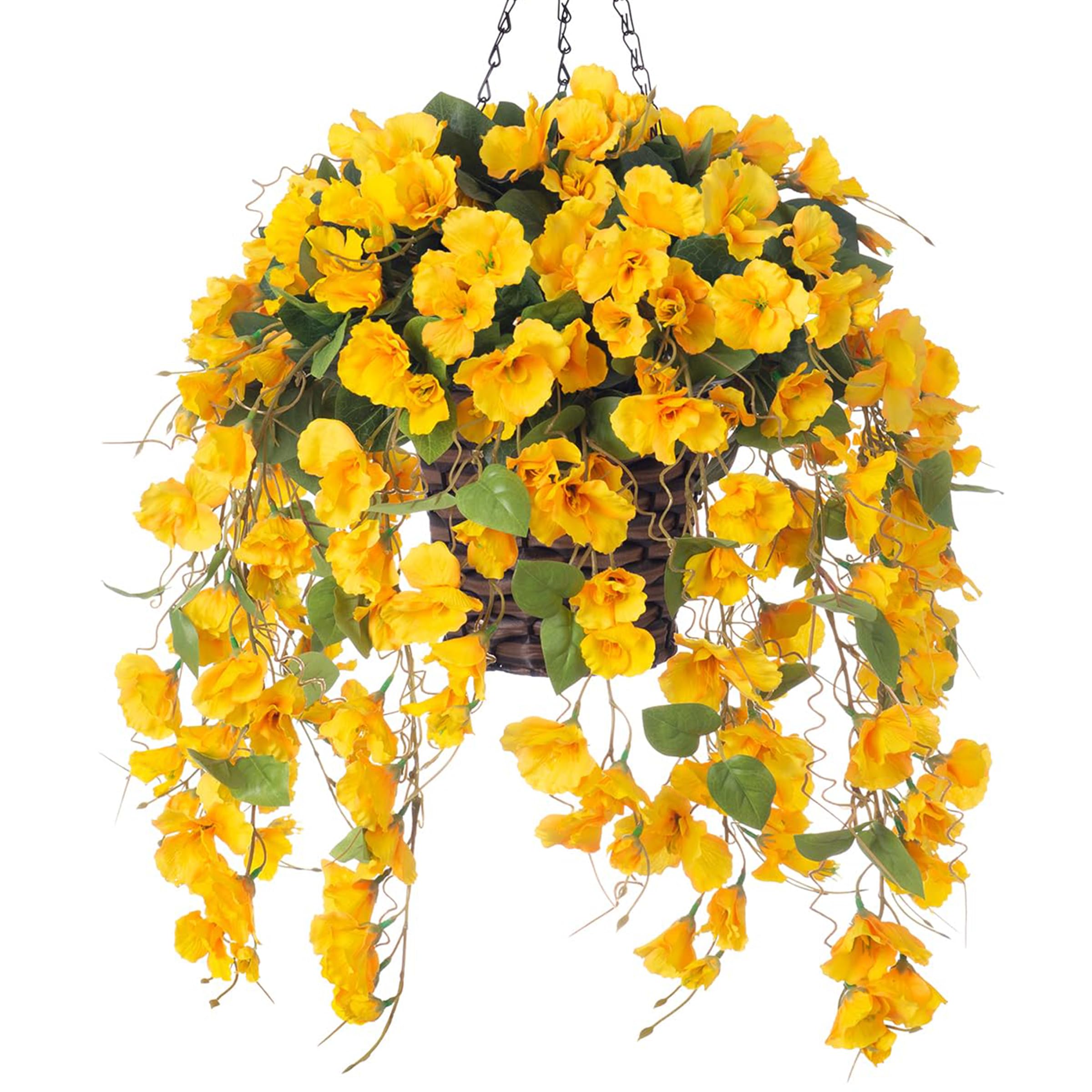 Photo 1 of Artificial Fake Hanging Hibiscus Flowers Plants Baskets for Outdoor Outside Spring Summer Decoration, Faux Silk Hibiscus Long Vines in Planter UV Resistant Realistic Flowers (Yellow)