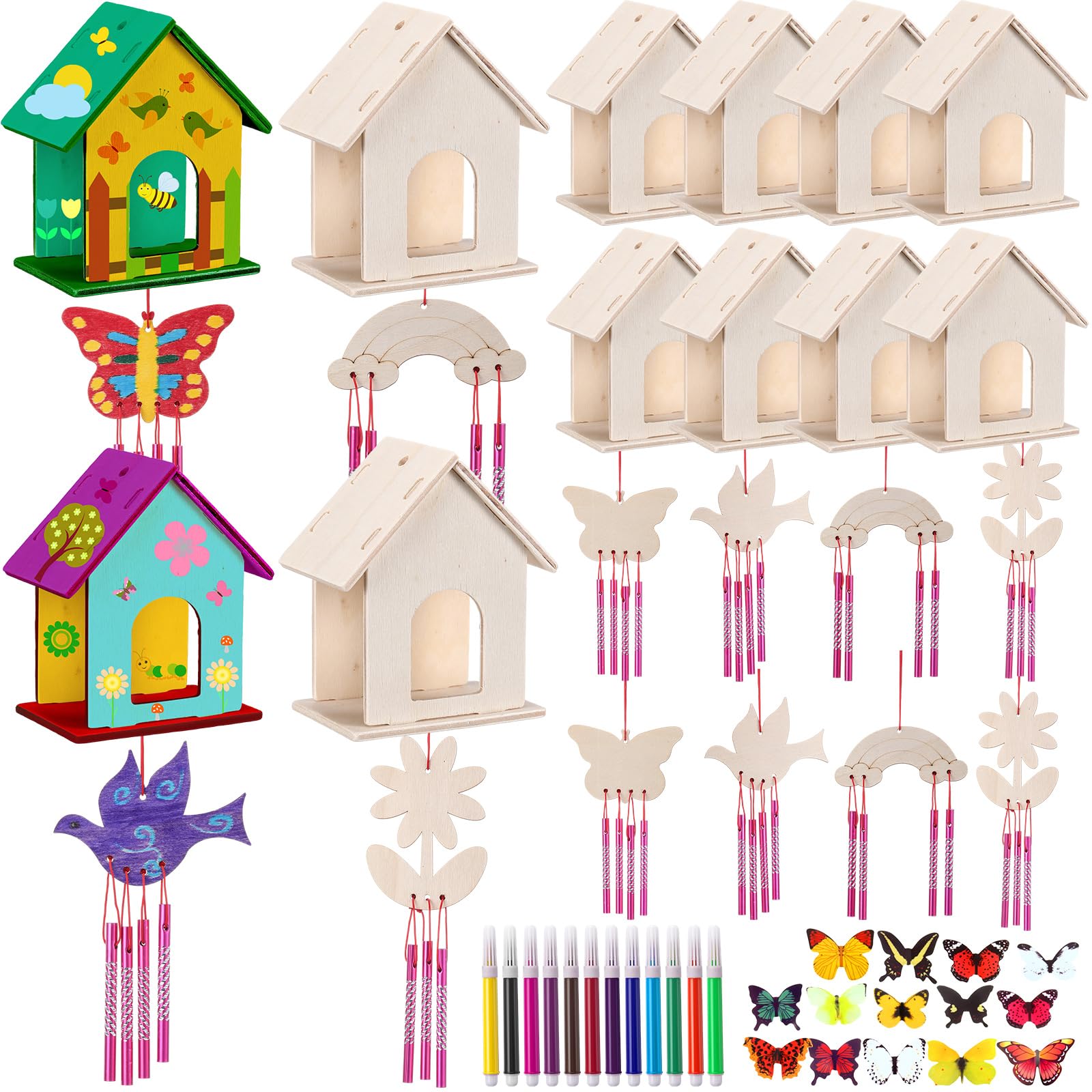 Photo 1 of Feifeiya 12 Sets DIY Bird House Wind Chime Kit to Build and Paint 12 Unfinished Wooden Bird House 12 Wind Chime 19 Butterfly Sticker 12 Watercolor Arts and Crafts for Activity(Modern)