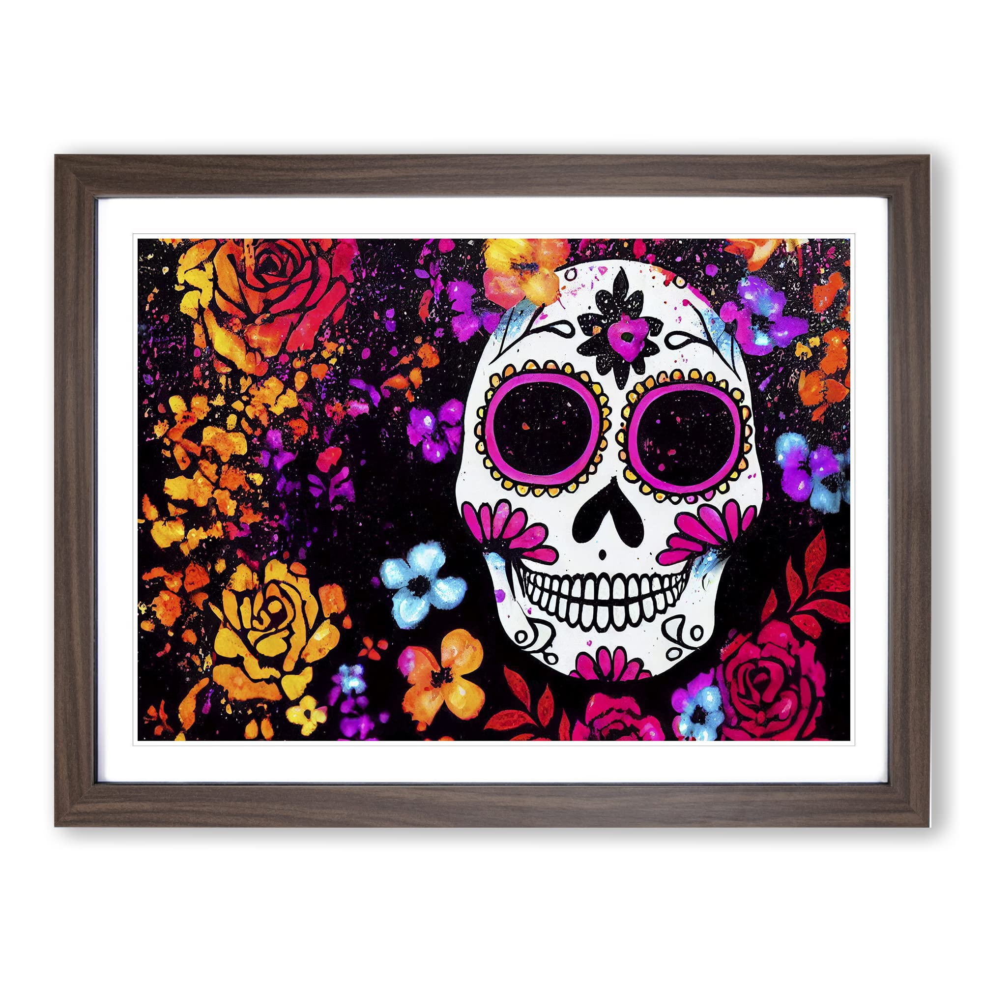 Positive Floral Sugar Skull Framed Print | A3 Walnut Framed Wall Art | Ready to Hang | Modern Skull Picture | Living Room Bedroom Lounge Office