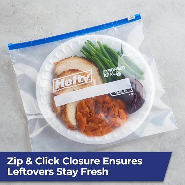 HEFTY SLIDER 1 GALLON FREEZER BAGS, 56 COUNT, GALLON SLIDER BAGS FOR FREEZER, HOLDS RAW MEAT, SOUPS, PREPPED FRUITS AND VEGGIES, AND MORE, WRITABLE LABEL, SECURE ZIP AND CLICK CLOSURE