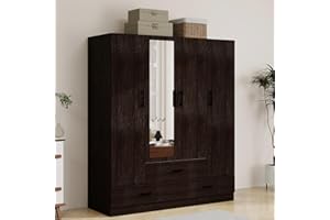 VivaVista 71" H Armoire Wardrobe, 3-Drawer & Shelved Bedroom Armoire with 4 Doors, Mirror & Hanging Rod, Wooden Clothes Cabinet Closet (63"Wx20"Dx71"H)