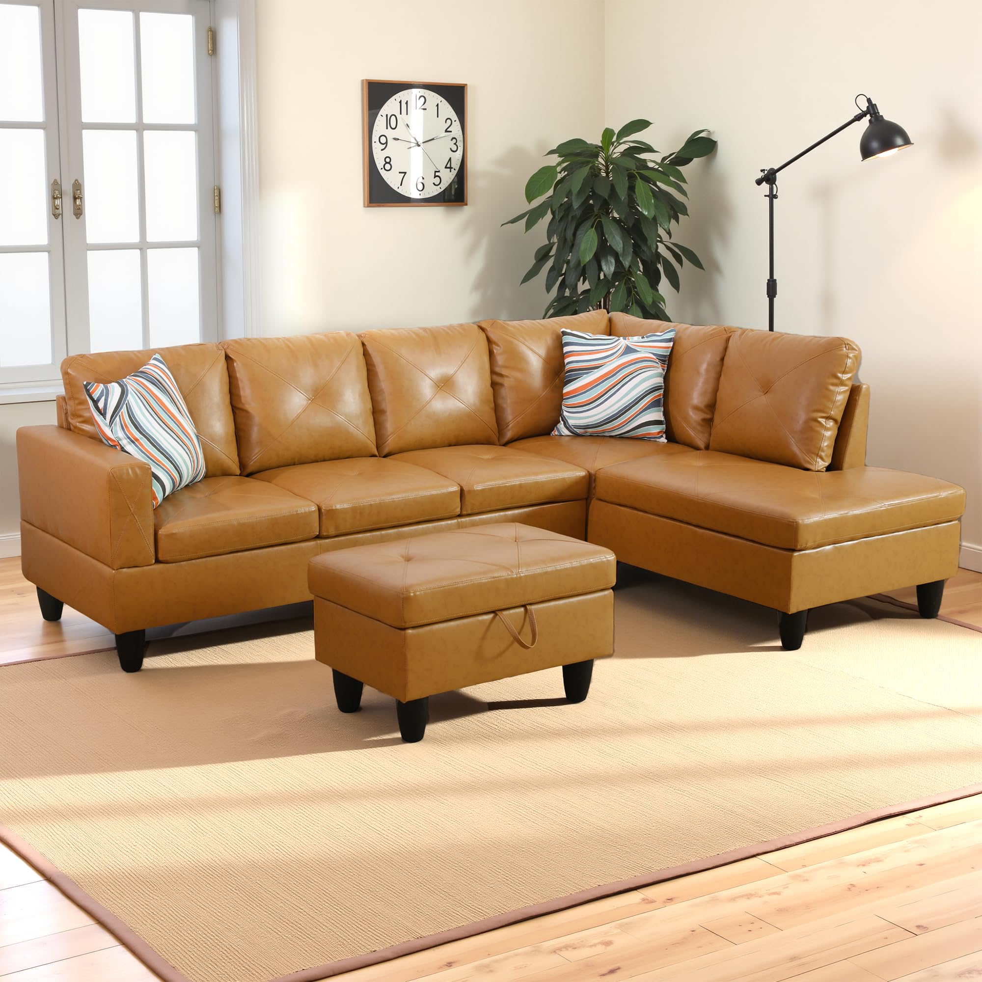 Photo 1 of [RIGHT ARM CHAISE ONLY] Osparple L Shaped Couch Faux Leather Couch Modern Sectional Couches Upholstered 3 Pieces Sofas for Living Room with Chaise, Ottoman with Storage for Office and Small Apartment, Ginger