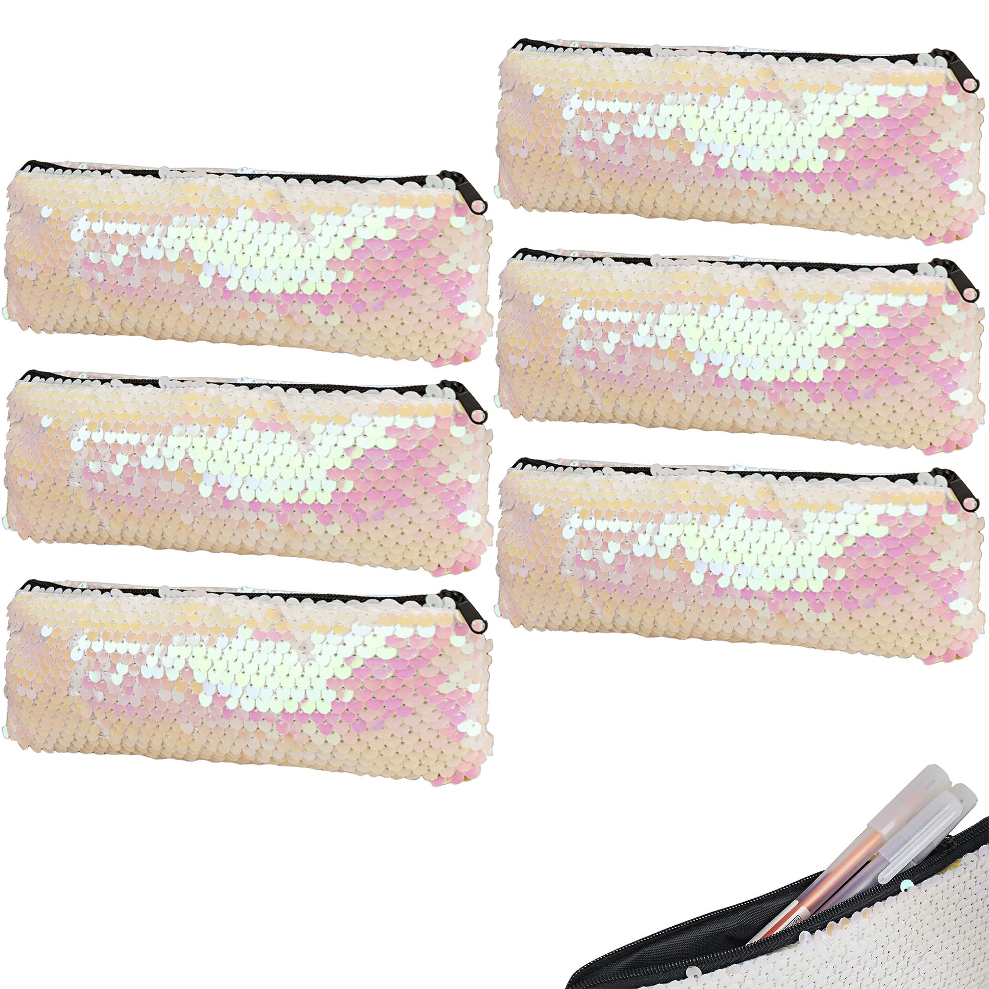 Photo 1 of Biiange Sequin Pencil Case – Glitter Pencil Bag for Girls, Shiny Pink Pen Pouch with Zipper, Makeup Organizer (6 Pcs)