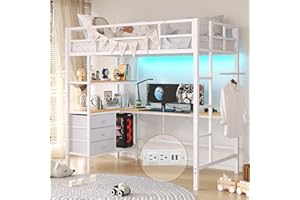 DICTAC Twin Loft Bed with L-Shaped Desk, LED Lights,Charging Station LED Loft Metal Bed Frame Twin Size with 3 Storage Shelves and 3 Fabric Drawers, Safety Guard & Ladder, No Box Spring Needed, White