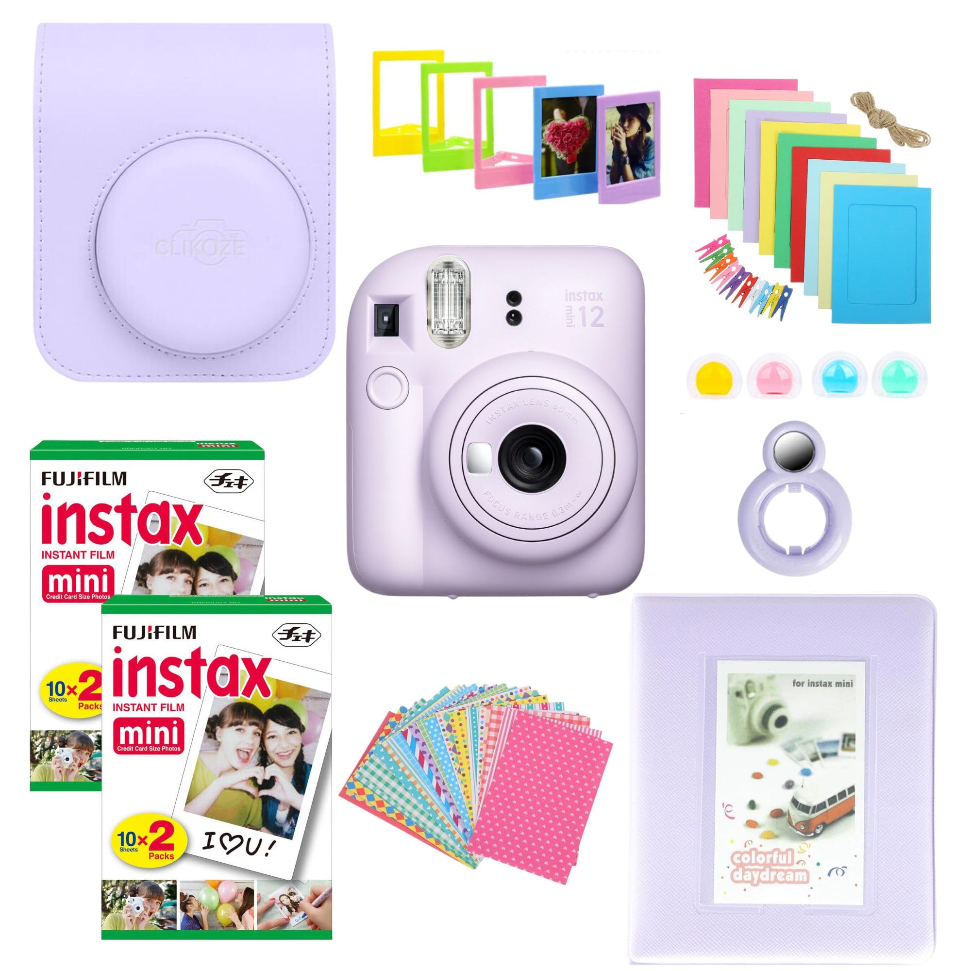Clikoze Instant Camera Bundle with Fujifilm Mini 12 Lilac Purple Camera, Fujifilm 40 Shot Mini Film, Clikoze Mini 12 Case, Mini Album Book, Film Stickers, Colour Filters and Accessories