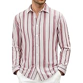 Damipow Mens Linen Cotton Striped Long Sleeve Dress Shirt Casual Button Down Shirt