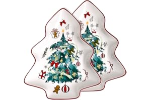 6 Inch Holiday Tree Shape Ceramic Dessert Plates, New Bone Porcelain Christmas Serving Tray Platter Dish with Watercolor Chri