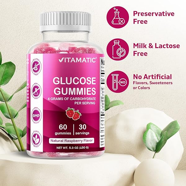 VITAMATIC GLUCOSE CHEWABLE GUMMIES – 60 COUNT – NATURAL RASPBERRY FLAVOR – 4G OF CARBOHYDRATE PER SERVING (1 BOTTLE)