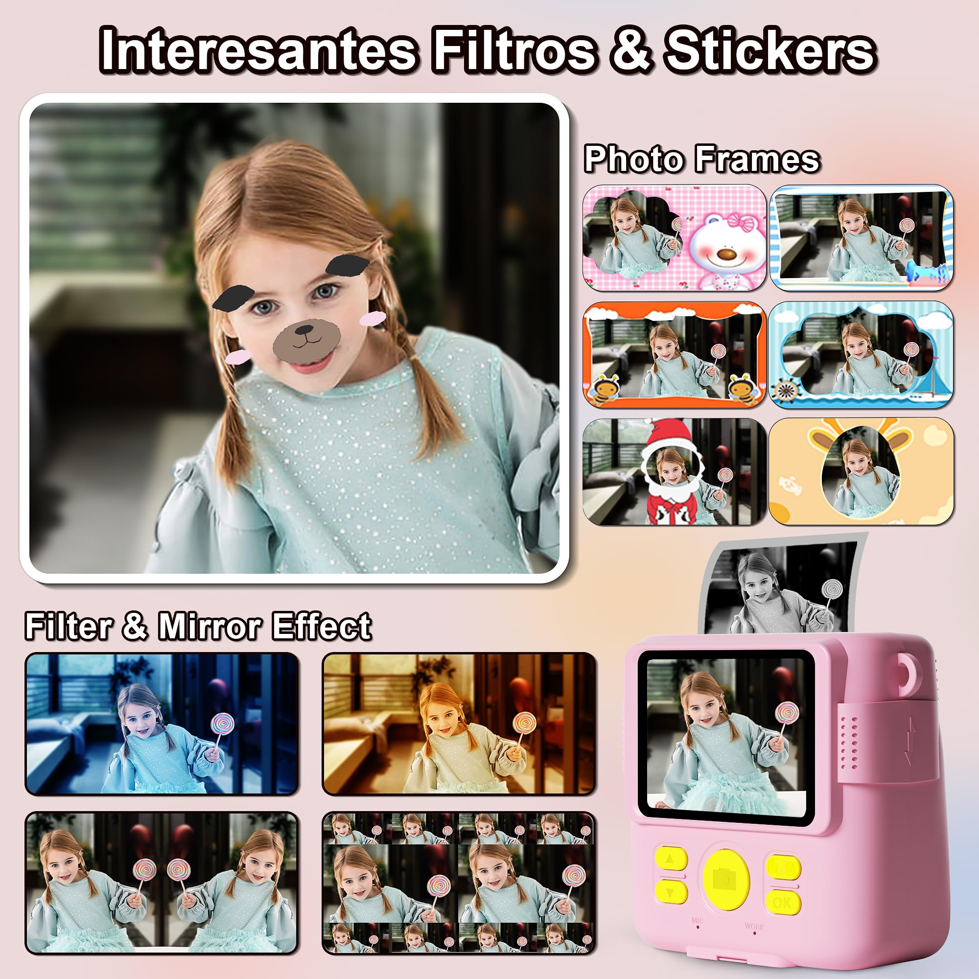 GKTZ Instant Print Camera for Kids - 1080P HD Instant Print Photo - Christmas Birthday Gifts for Age 4 5 6 7 8 9 10 Girls Boys - Portable Toy with 3 Rolls Photo Paper, 32GB Card, 5 Color Pens - Pink