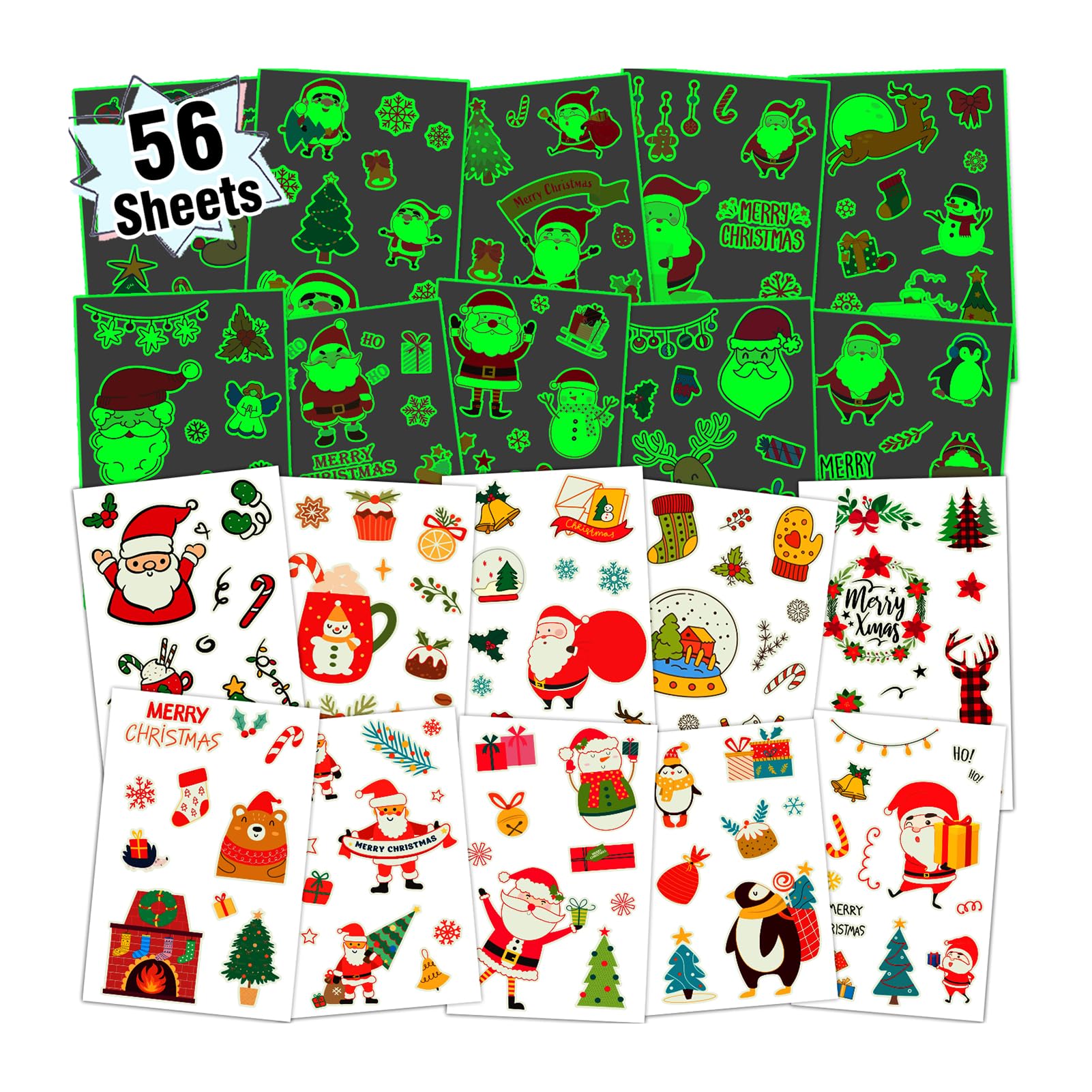 Partywind 56 Sheets (535 Glow Styles) Christmas Temporary Tattoos Party Decorations, Luminous Christmas Holiday Party Supplies for Kids Stocking Stuffers, Tattoo Stickers for Xmas