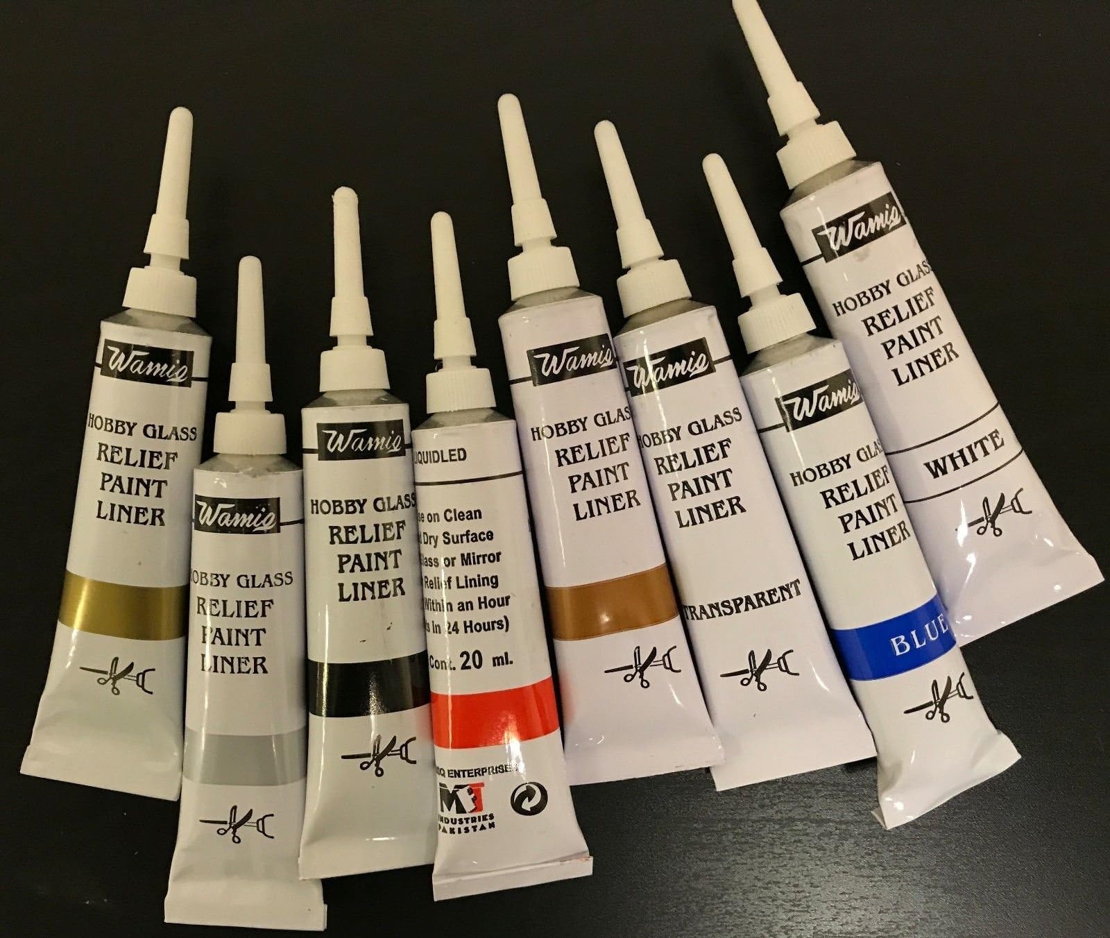Set of 8 WamiQ Hobby Glass Ceramic Paint Out Liners 20ml Tubes Relief Paint Liners Black, Gold, Silver, Copper, Blue, RED, White & Transparent