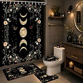 Emwnodti 4 Pcs Bathroom Sets for Moon Phase Shower Curtain, Floral Gothic Mysticism Shower Curtain with Non-Slip Rug Toilet Lid Cover and Bath Mat, Waterproof Bathroom Accessory with 12 Hook, 72