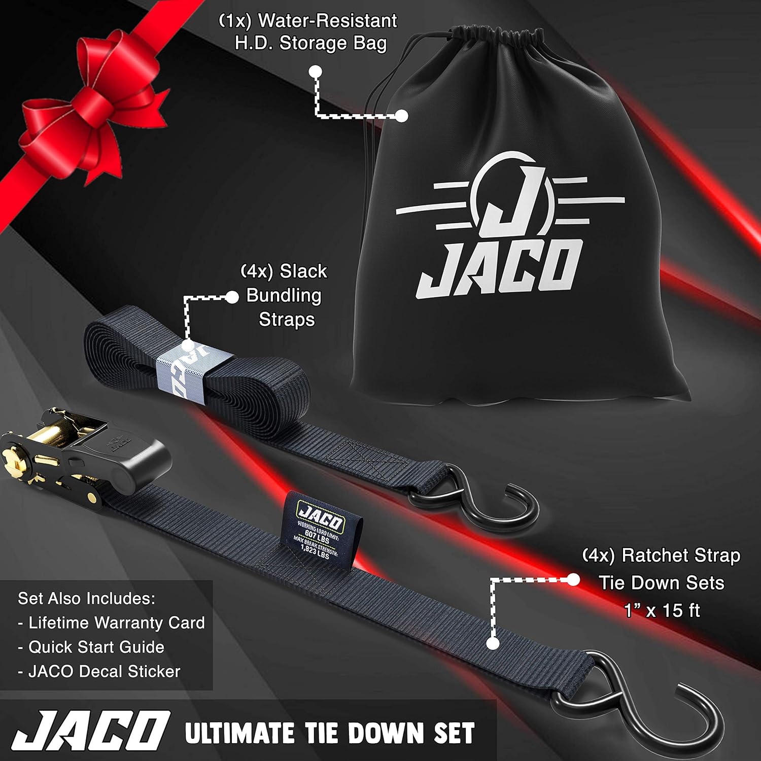 JACO Ratchet Tie Down Straps (4 Pack) - 1 in x 15 ft | AAR Certified Break Strength (1,823 lbs) | Cargo Tie Down Set with (4) Utility Ratchet Straps, (4) Bundling Straps, and Accessories (Black): Automotive