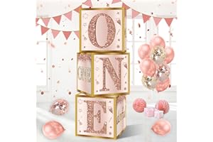 Guiruiy 3Pcs 1st Birthday Boxes & Decor - Pink Rose Gold Miss Onederful Balloons, One Year Old Girl Birthday Theme Cardboard Box Decor