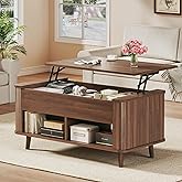 Lift Top Coffee Table with Storage, 41" Mid Century Modern Coffee Table with Fluted & Curved Profile Design, Hidden Storage Compartment, Lower Shelf Center Table for Living Room Office, Walnut