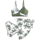 Girls Swimsuit, Bathing Suits 3 Piece Tropical Floral Twist Cross Bikini Sets Girls' Swimwear with Cover Up Skirt 7-16T