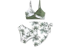 BAVADER Girls Swimsuit, Bathing Suits 3 Piece Tropical Floral Twist Cross Bikini Sets Girls' Swimwear with Cover Up Skirt 7-16T
